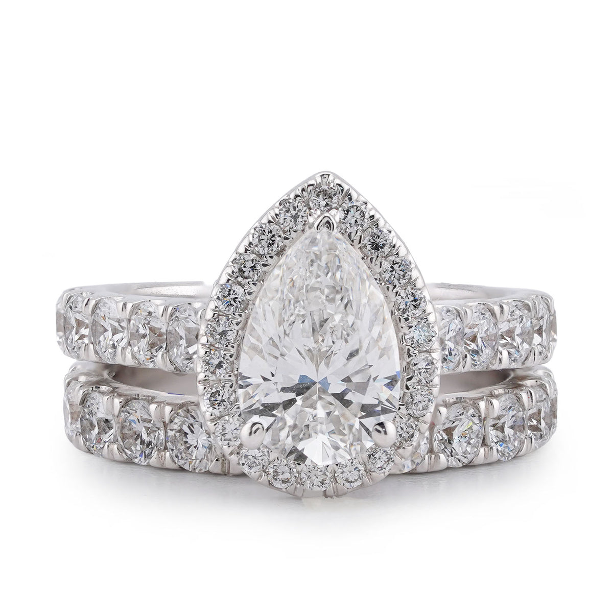 14k White Gold Pear Centre Solitaire Halo 4.35CTW Lab Diamond Women Ring with Band 9.9gm