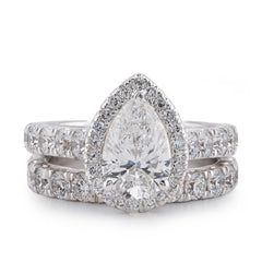 14k White Gold Pear Centre Solitaire Halo 4.35CTW Lab Diamond Women Ring with Band 9.9gm