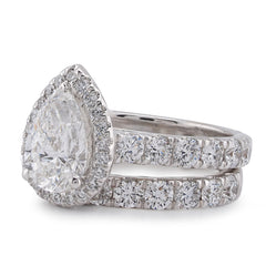 14k White Gold Pear Centre Solitaire Halo 4.35CTW Lab Diamond Women Ring with Band 9.9gm