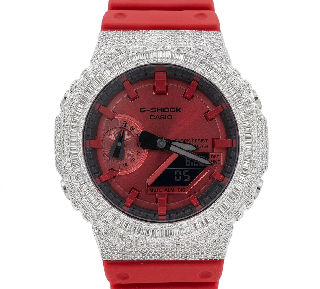 Mens ICED OUT Casio G-Shock GA2100 4.6CTW Natural Diamond Vibrant Red Face and Strap WatchAll Red