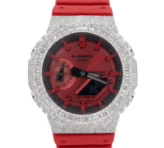 Mens ICED OUT Casio G-Shock GA2100 4.6CTW Natural Diamond Vibrant Red Face and Strap WatchAll Red