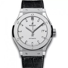 Hublot Classic Fusion Titanium 45mm Silver Dial Black Alligator Strap Opaline Watch 511.NX.2611.LR