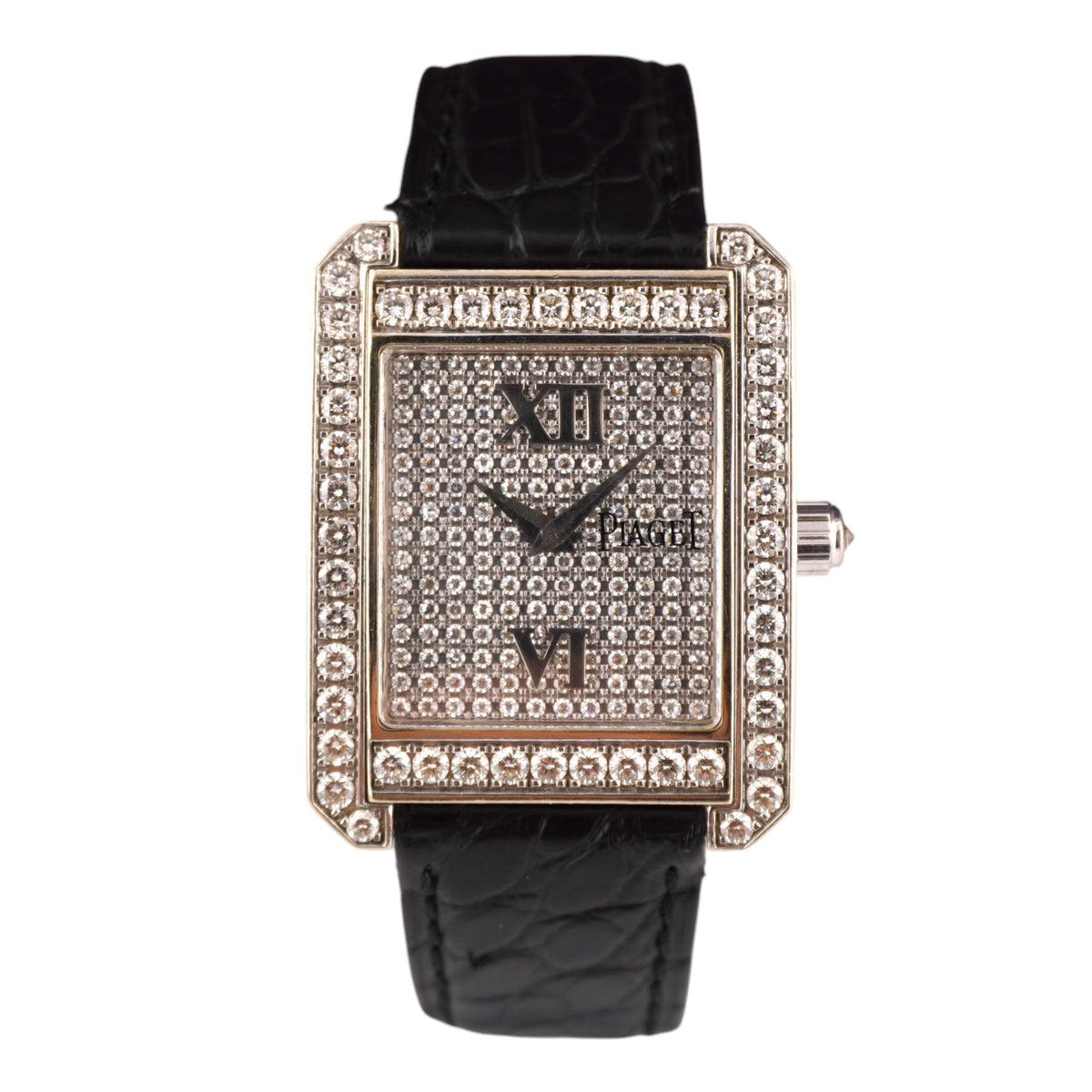 Piaget Protocole 31mm Factory Diamond Dial & Bezel Black Leather Band 18k White Gold Watch 26200