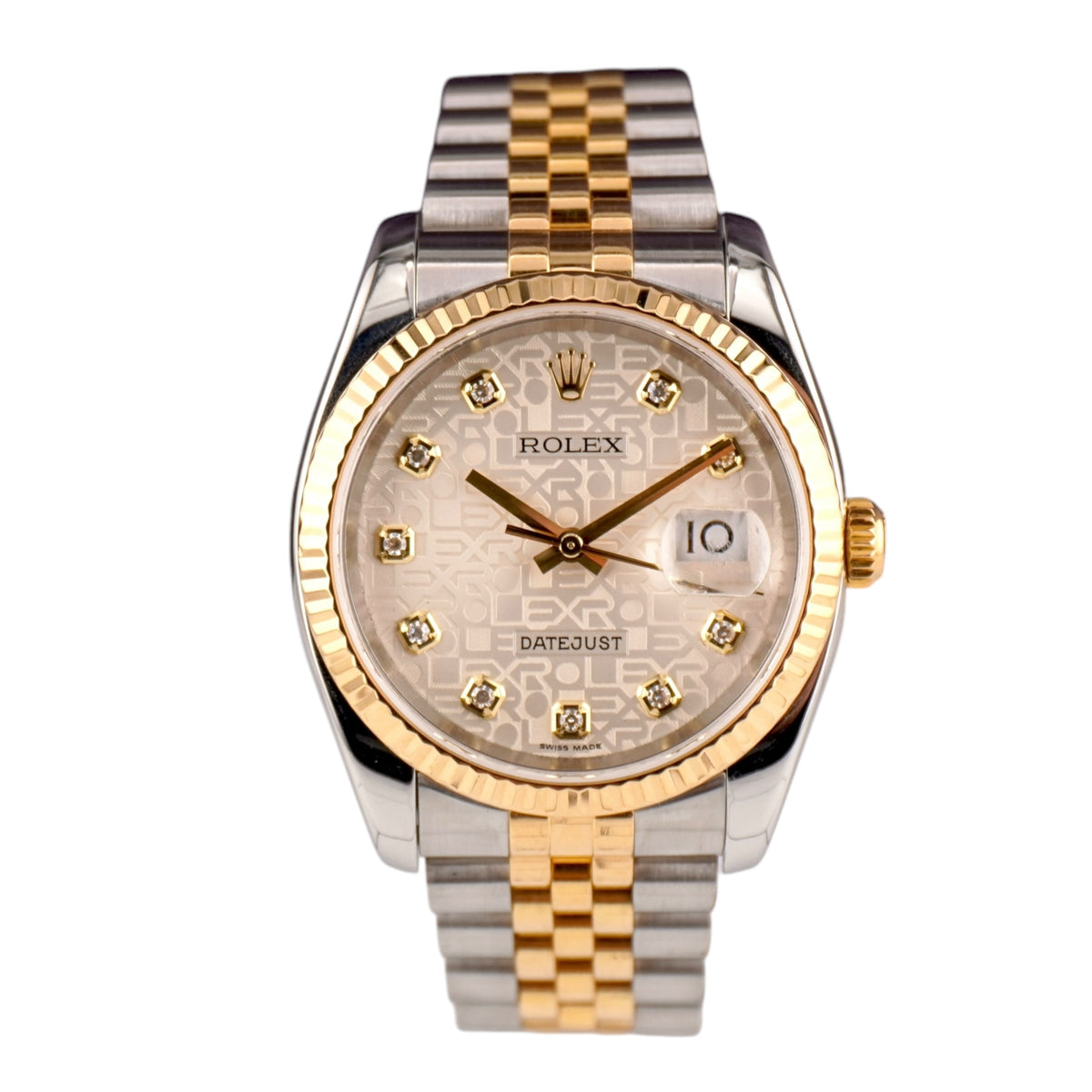 Rolex Datejust 36mm 2 Tone 18k Yellow Gold & Stainless Steel Anniversary Design Ivory Diamond Dial 18k Fluted Bezel Jubilee Band Watch 116233