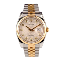 Rolex Datejust 36mm 2 Tone 18k Yellow Gold & Stainless Steel Anniversary Design Ivory Diamond Dial 18k Fluted Bezel Jubilee Band Watch 116233