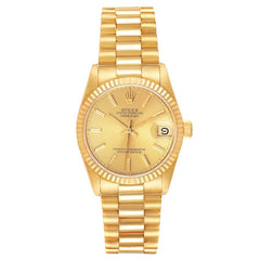 Rolex 31mm Datejust 18k Yellow Gold Champagne Dial Fluted Bezel President Band Watch 68278