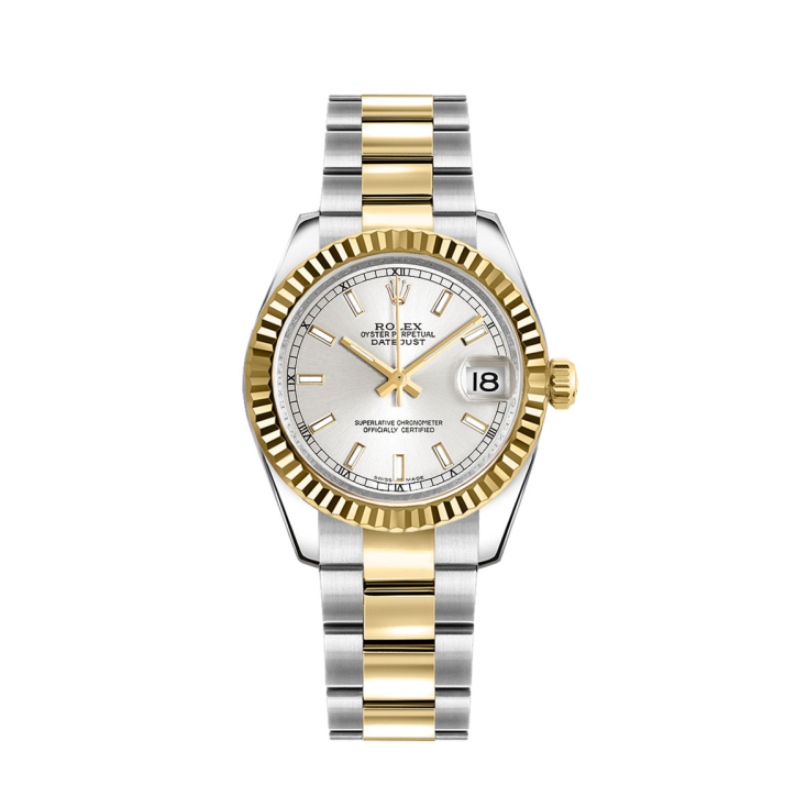 Rolex Datejust 31mm 2 Tone 18k Yellow Gold & Stainless Steel Fluted Bezel Silver Railtrack Dial Oyster Watch 178273