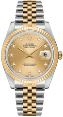 Rolex Datejust 36mm 2 Tone 18k Yellow Gold & Stainless Steel Champagne Gold Factory Diamond Dial Fluted Bezel Jubilee Watch 16013