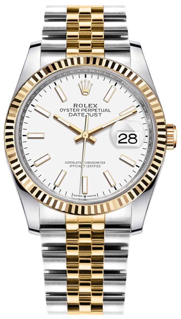 Rolex Datejust 41mm 2 Tone 18k Yellow Gold & Stainless Steel Fluted Bezel White Dial Jubilee Steel Watch 126333