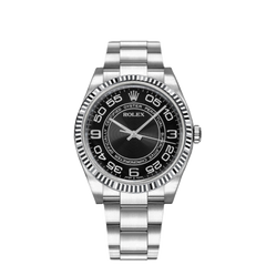 Rolex Oyster Perpetual 36mm 18k White Gold Fluted Bezel Black Concentric Circles Dial Oyster Stainless Steel Watch 116034