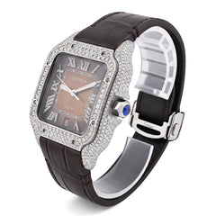 Cartier Santos 40MM 4.5CTW Natural Diamond Leather Strap Ombre Brown Face Watch