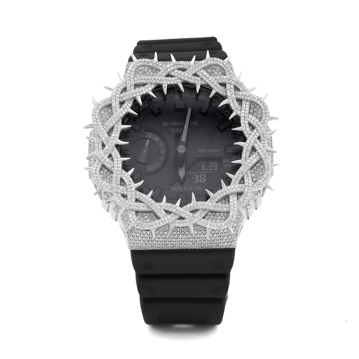 Mens Casio G-Shock GA2100 5.4CTW Natural Diamond Thorns Pattern ICED Bezel All Black Watch