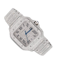 Cartier Santos All White 40MM 12CTW Natural Diamond Bussdown ICED Mens Watch