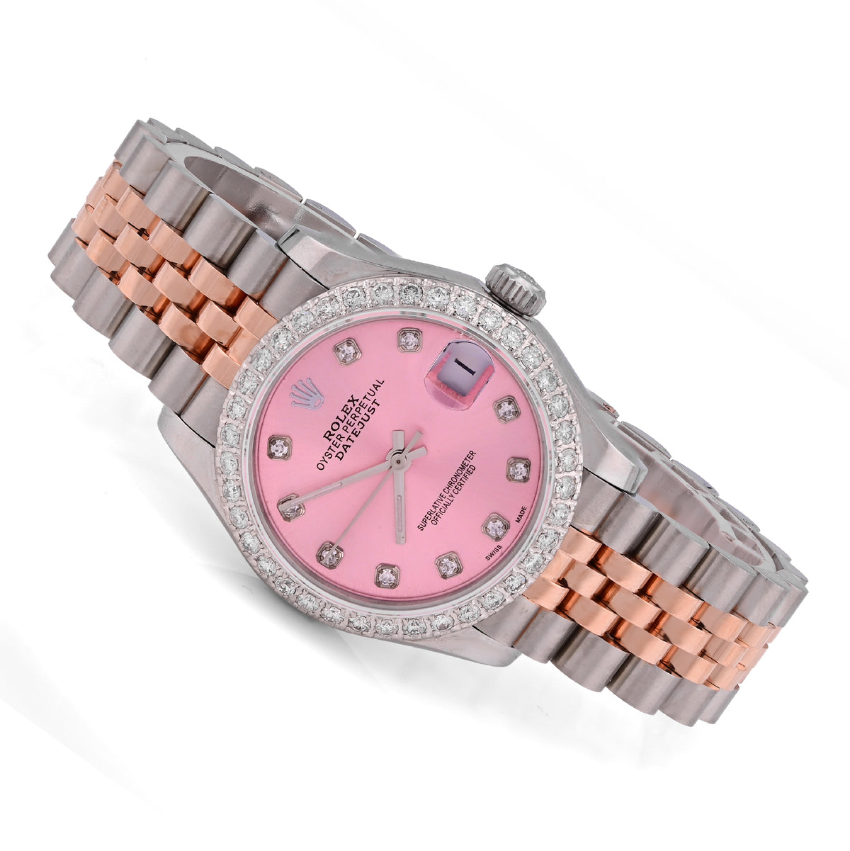 31MM Rolex Datejust 2CTW Natural Diamond Pink Dial Face Diamond Bezel Jubilee Band Rose/White Tone Watch