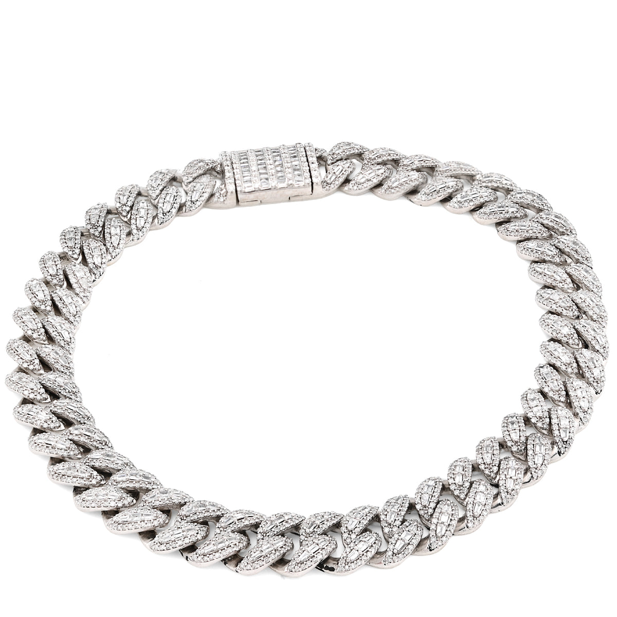 8.5MM 10k White Gold 27.5gm 3.9CTW Natural Round/Baguette Diamond Cuban Bracelet