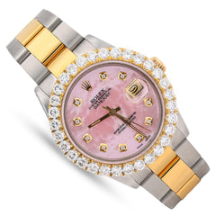 Rolex Datejust 36MM SS/10k Gold 3CT Lab Diamond Bezel Oyster Pink Face Men Watch