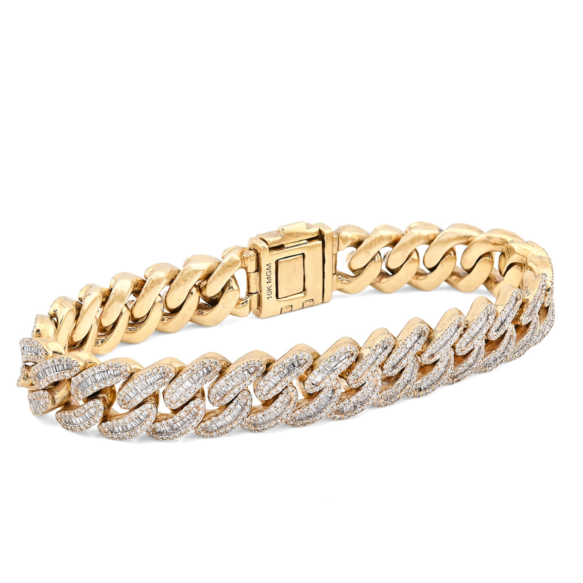 11.5MM 10k Yellow Gold 70.2gm 8CTW Natural Round/Baguette Cuban Diamond Bracelet