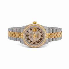 36MM Rolex Datejust Bussdown 2 Tone White/Yellow Roman Dial Diamond Bezel ICED Watch