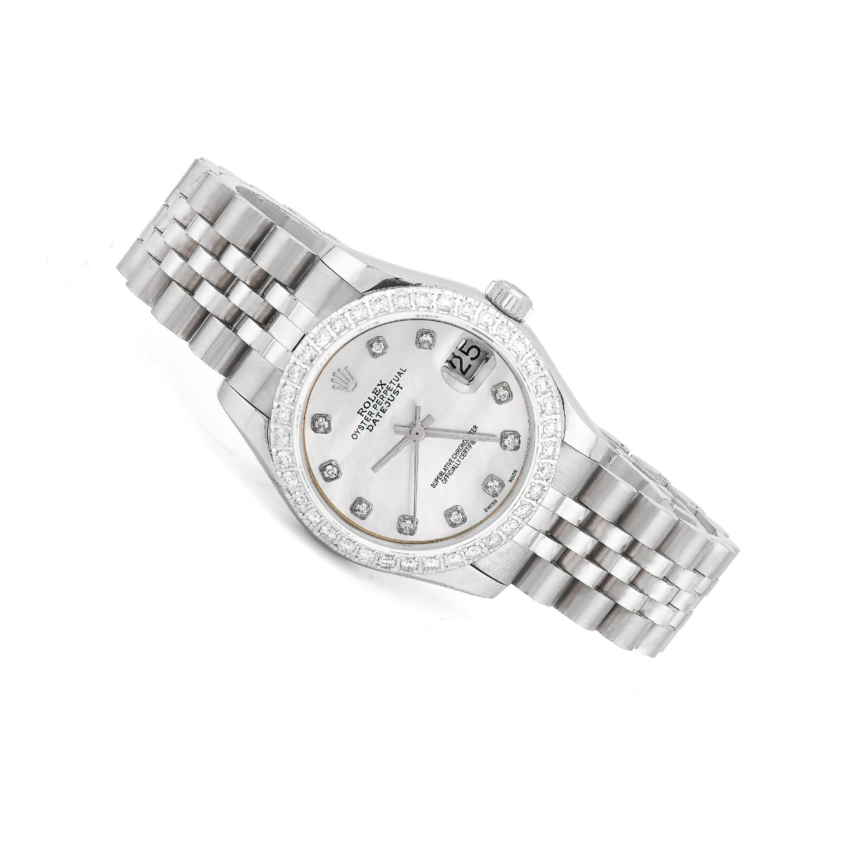 Rolex Datejust 31MM All White MOP Dial Diamond Bezel Jubilee Band Watch