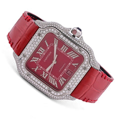Mens Cartier Santos 40MM Red Face and Leather Band 6CTW Natural Diamond Watch