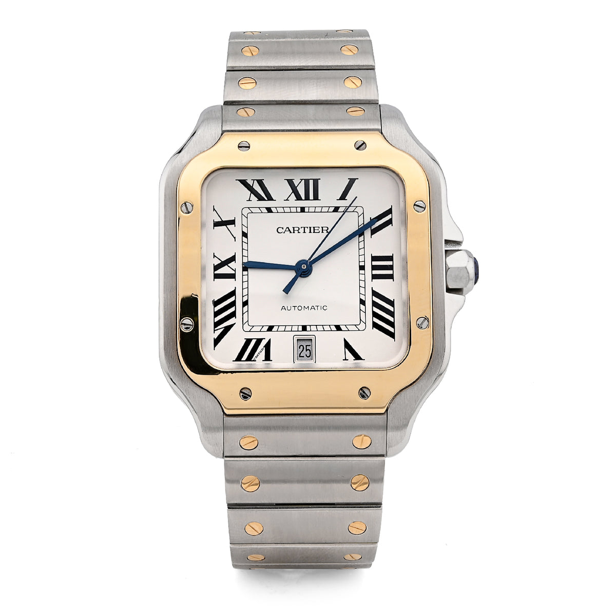All Original Mens 40MM Cartier De Santos Gold and Steel 2 Tone Roman Dial Screw-Accented Band Watch