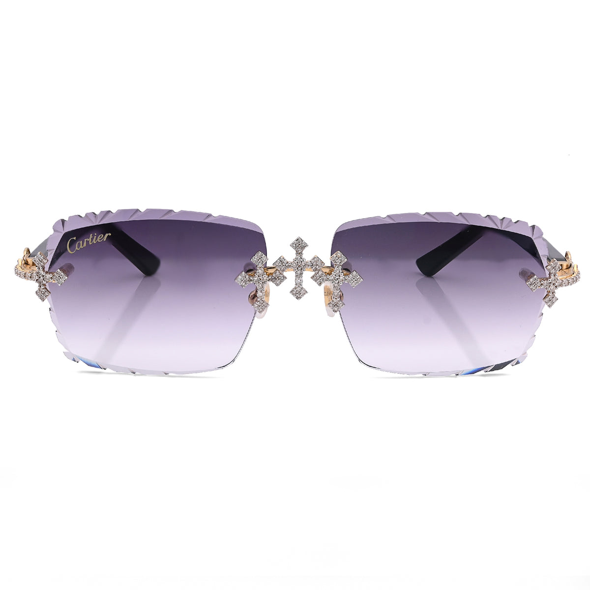 Cartier Glasses 4CTW Natural Diamond Purple Lens Cross Detailing Black Stick Glasses 36.3g