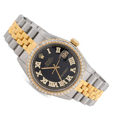 Mens Rolex Datejust 36MM SS/10k Gold 2CTW Diamond Bezel Jubilee Black Face Watch