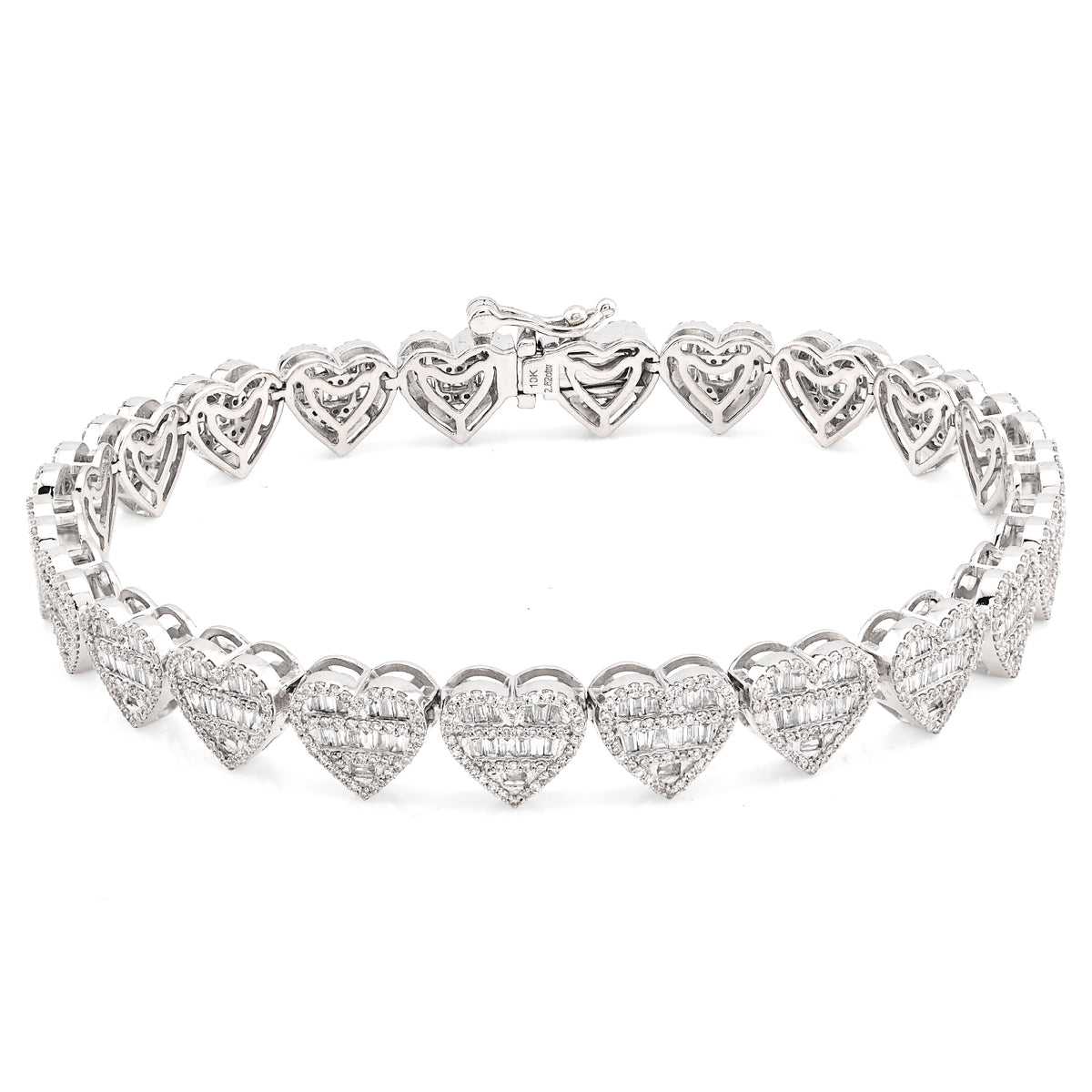 7.5MM 10k White Gold 14.9gm 2.52CTW Round/Baguette Diamond Heart Tennis Bracelet