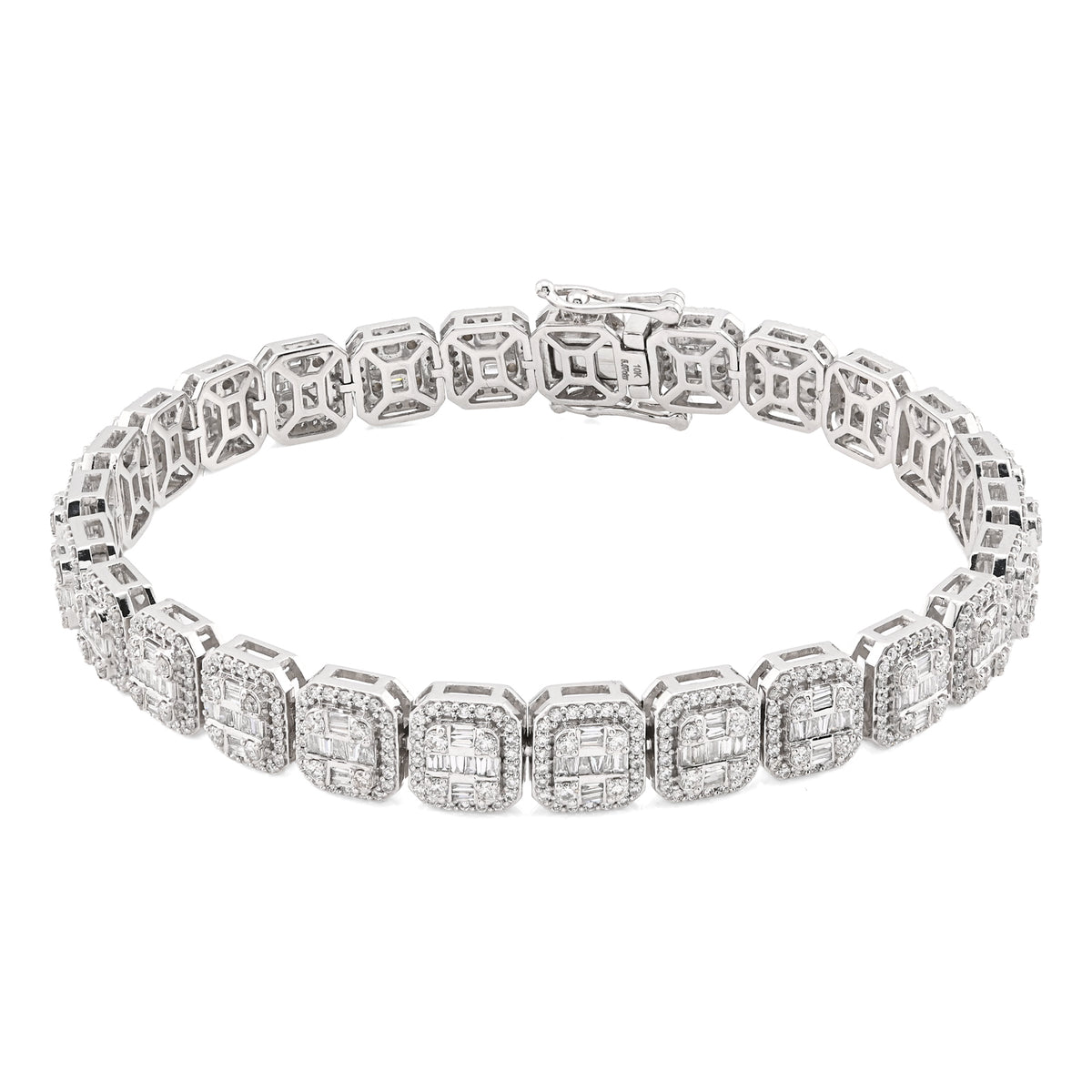 10k White Gold 8MM 31.7gms 5.67CTW Round/Baguette Diamond Square Tennis Bracelet