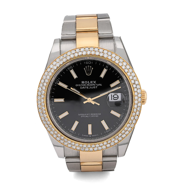 Rolex 41MM Datejust Two-Tone Oyster 3CT 2 Row Diamond Bezel Black Face 126303 Watch