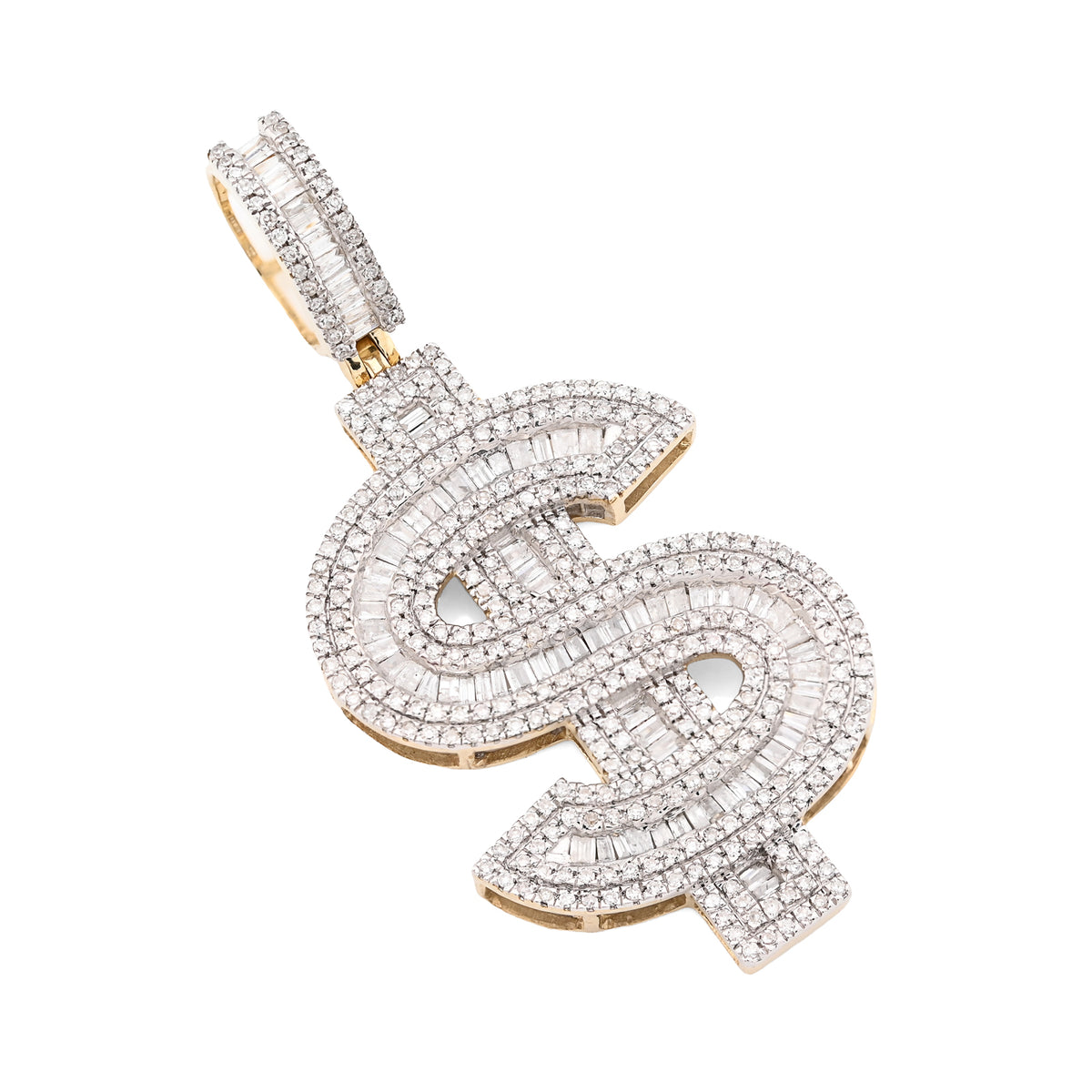 10k Yellow Gold 1.4CTW Round/Baguette Diamond Dollar $ Sign Pendant 7g Charm