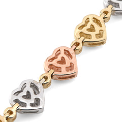 6.5MM 10k 3-Tone Gold 13.6g 1.15CTW Natural Diamond Heart Shaped Womens Bracelet