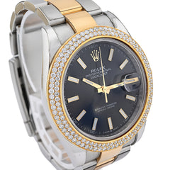 Rolex 41MM Datejust Two-Tone Oyster 3CT 2 Row Diamond Bezel Black Face 126303 Watch