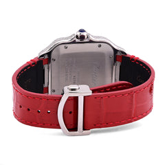 Mens Cartier Santos 40MM Red Face and Leather Band 6CTW Natural Diamond Watch
