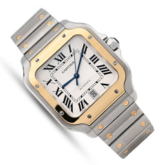All Original Mens 40MM Cartier De Santos Gold and Steel 2 Tone Roman Dial Screw-Accented Band Watch