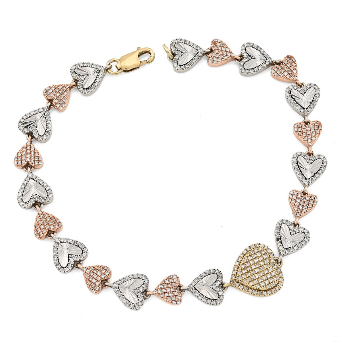 10k Three-Tone Gold 11.7g 2CTW Natural Diamond Heart Shape Womens 7Inch Bracelet