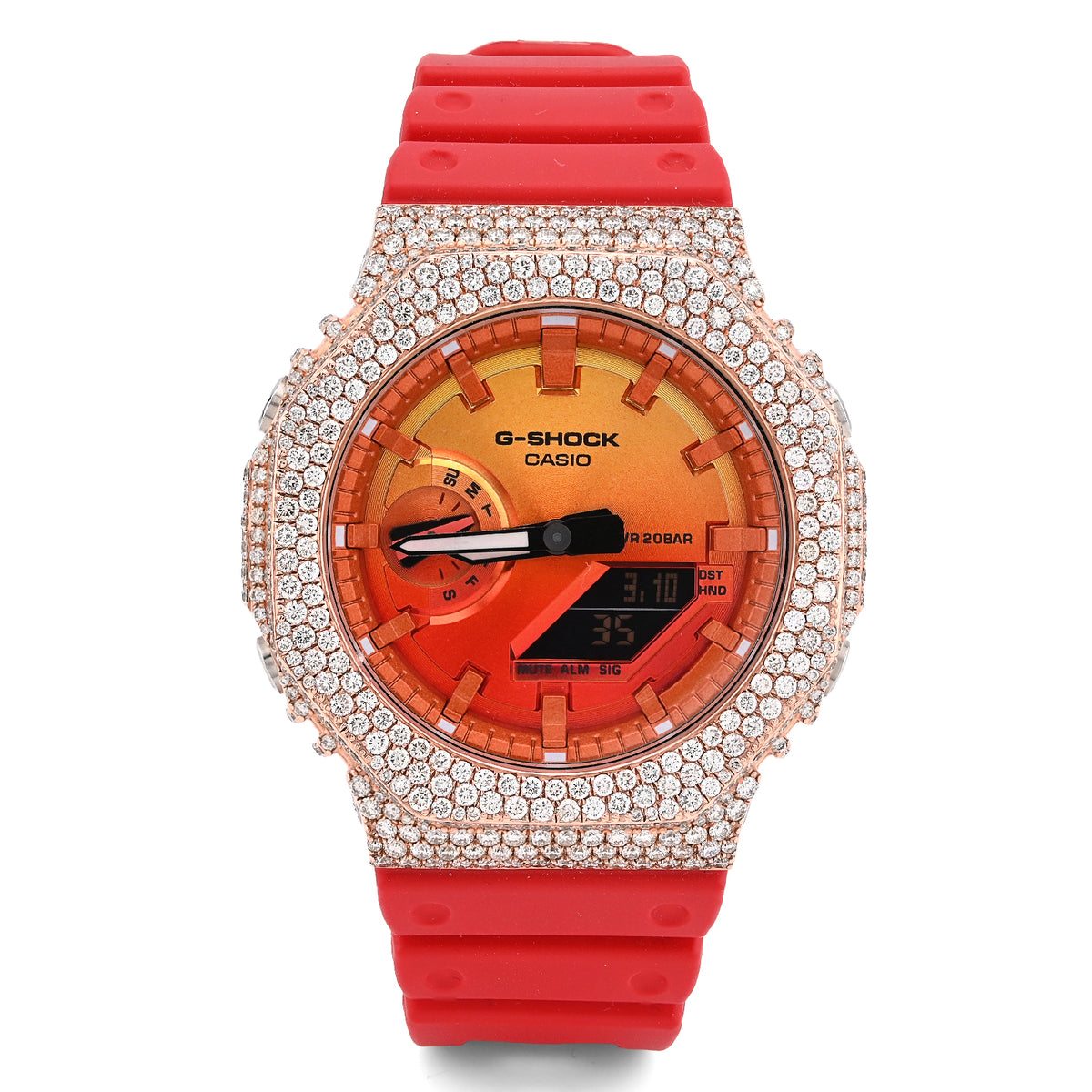 G-Shock GA-2100FL 7CTW Rose Natural Diamond Bezel Red Band Men Watch