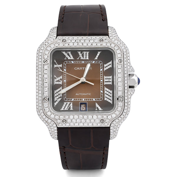 Cartier Santos 40MM 4.5CTW Natural Diamond Leather Strap Ombre Brown Face Watch