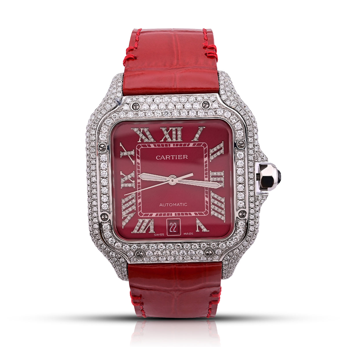 Mens Cartier Santos 40MM Red Face and Leather Band 6CTW Natural Diamond Watch