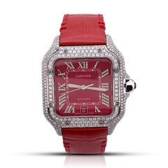 Mens Cartier Santos 40MM Red Face and Leather Band 6CTW Natural Diamond Watch
