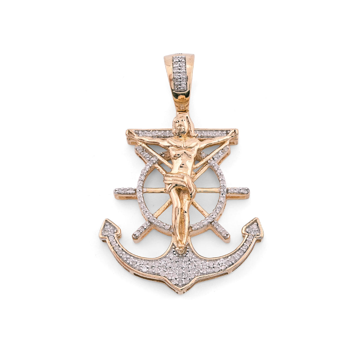 10k Yellow Gold 7.2gm 0.75CTW Pure Diamond Mariner Cross Crucifix Anchor Pendant