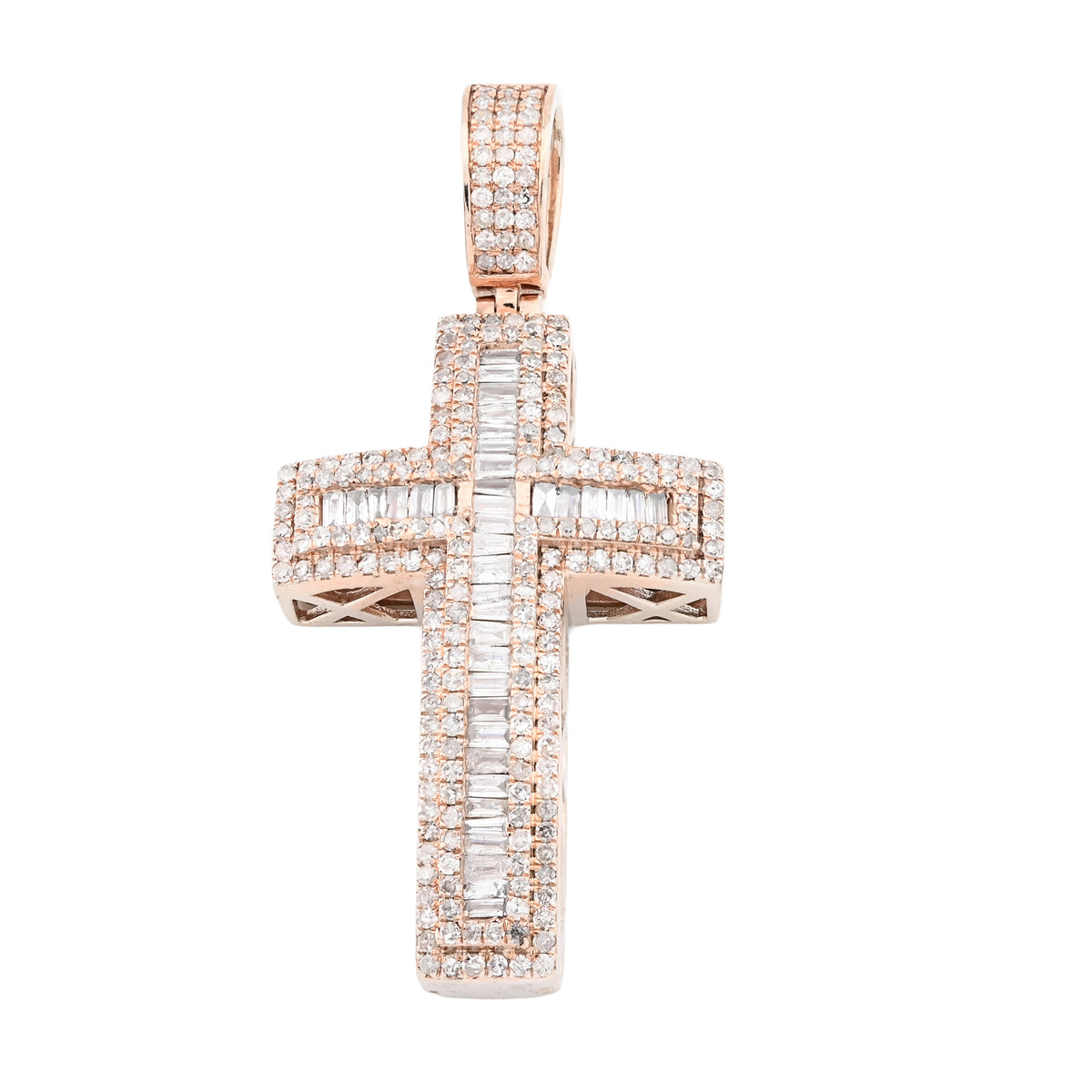 10k Rose Gold 2CTW Natural Round/Baguette Diamond ICED Cross Pendant 5.9g Charm