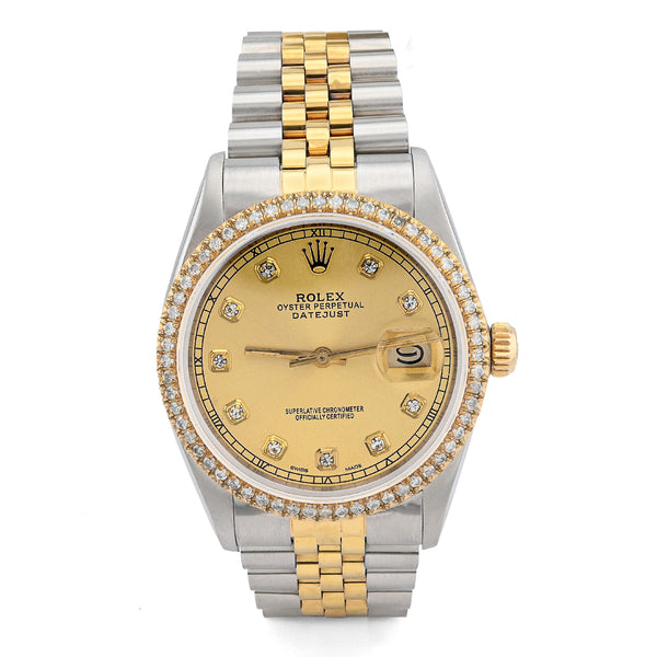 Rolex Datejust 36MM SS/10k Gold 1.5CT Diamond Bezel Jubilee Champagne Face Watch