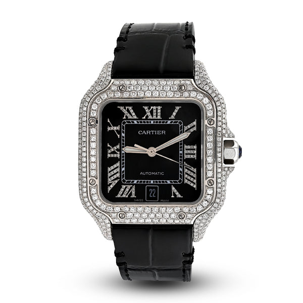 Cartier Santos 40MM 4.5CTW Natural Diamond Black Leather Strap Band Black Face Watch