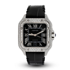 Cartier Santos 40MM 4.5CTW Natural Diamond Black Leather Strap Band Black Face Watch