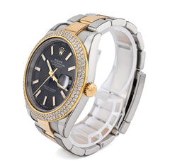 Rolex 41MM Datejust Two-Tone Oyster 3CT 2 Row Diamond Bezel Black Face 126303 Watch