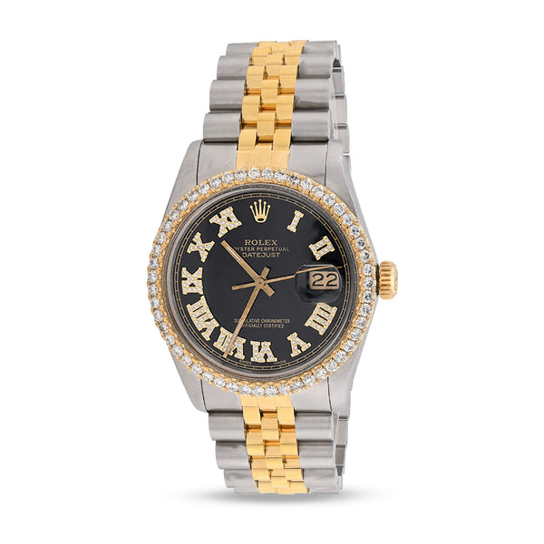 Mens Rolex Datejust 36MM SS/10k Gold 2CTW Diamond Bezel Jubilee Black Face Watch