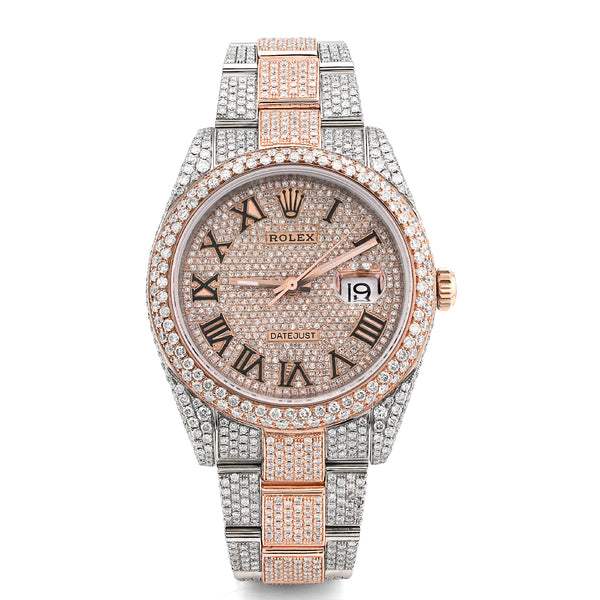Rolex Datejust 41MM Rose & White 15.65CT Natural Diamond Bussdown Dual Row Bezel Men Watch