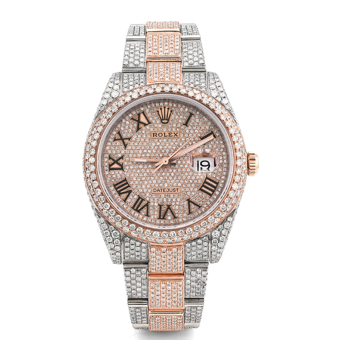 Rolex Datejust 41MM Rose & White 15.65CT Natural Diamond Bussdown Dual Row Bezel Men Watch