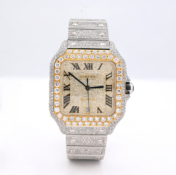 Cartier Santos 40MM 17CTW Natural Diamond Bussdown 2-Tone Yellow Bezel Watch